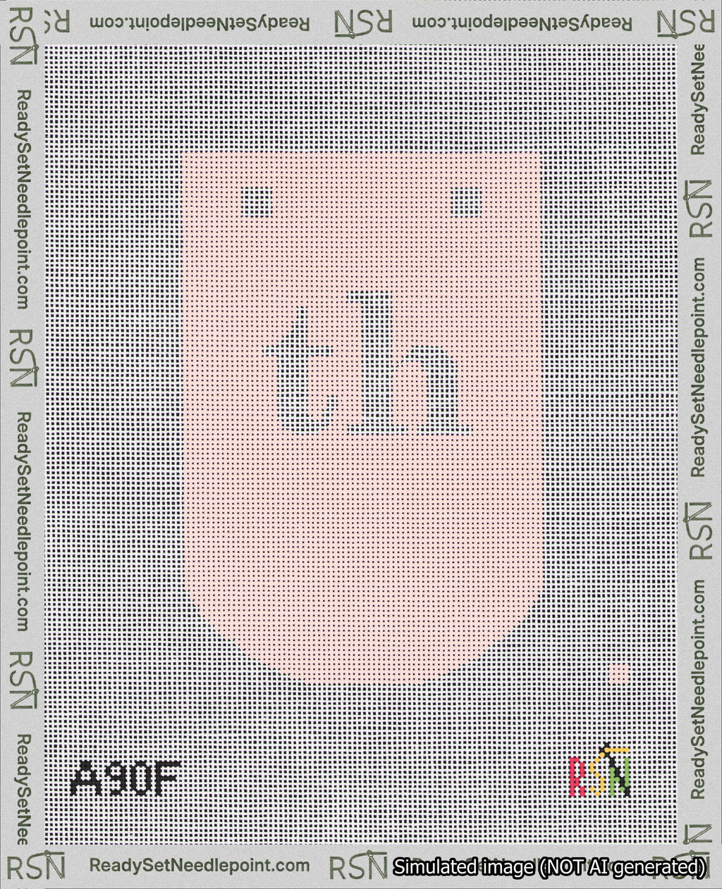 A taped needlepoint canvas with the design: Banner 18 mesh count Curved th White on Pink.