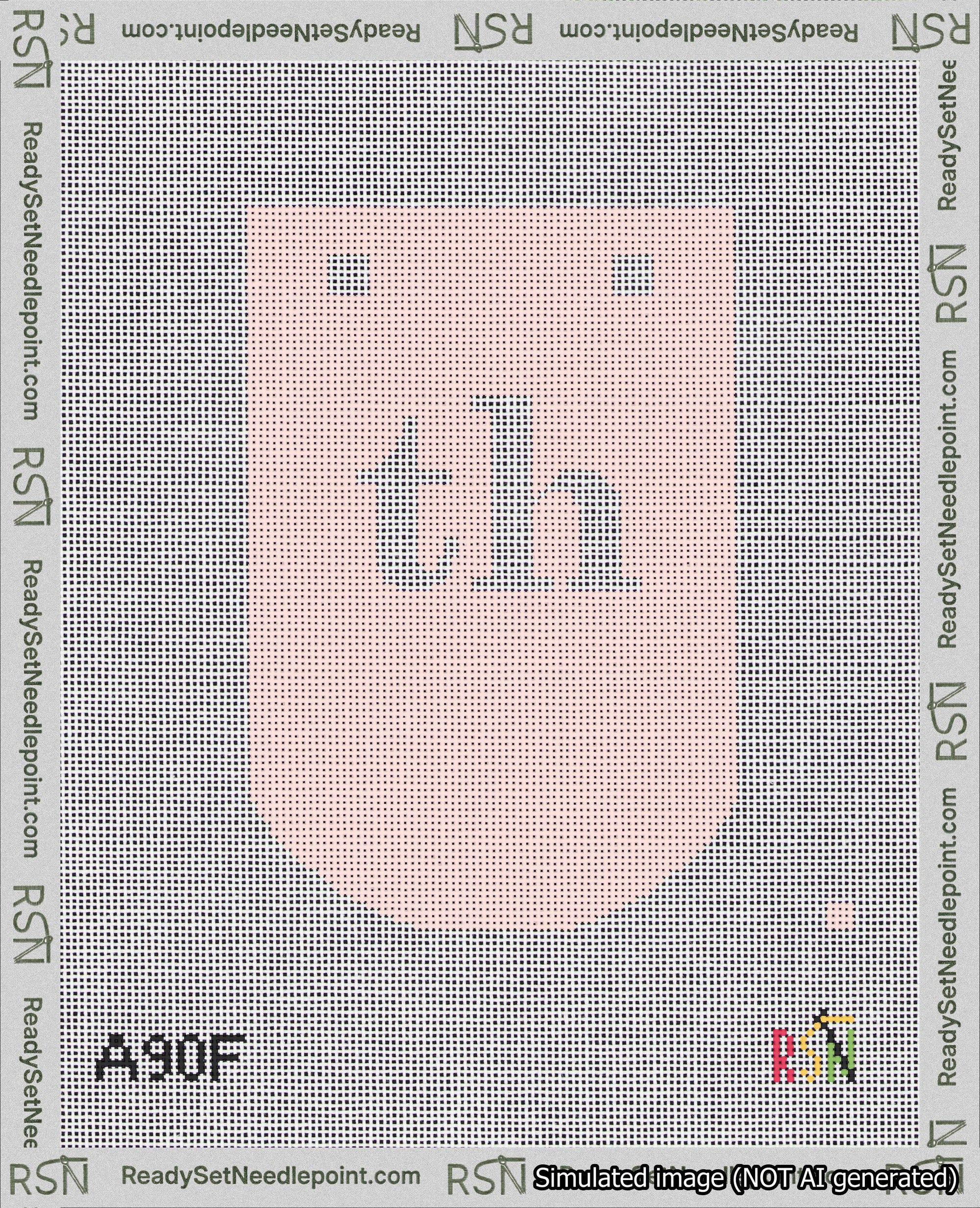 A taped needlepoint canvas with the design: Banner 18 mesh count Curved th White on Pink.