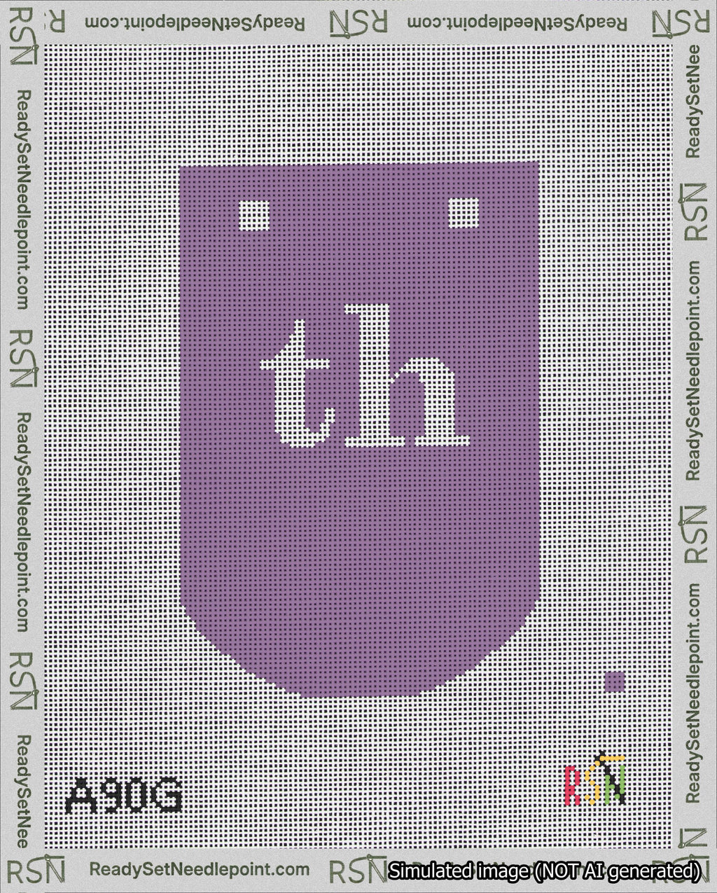 A taped needlepoint canvas with the design: Banner 18 mesh count Curved th White on Purple.