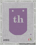 A taped needlepoint canvas with the design: Banner 18 mesh count Curved th White on Purple.