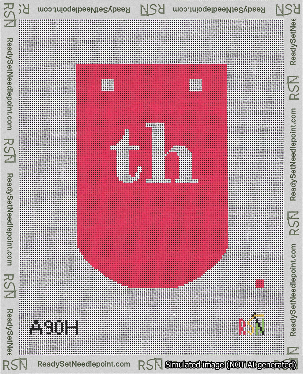 A taped needlepoint canvas with the design: Banner 18 mesh count Curved th White on Red.