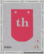 A taped needlepoint canvas with the design: Banner 18 mesh count Curved th White on Red.