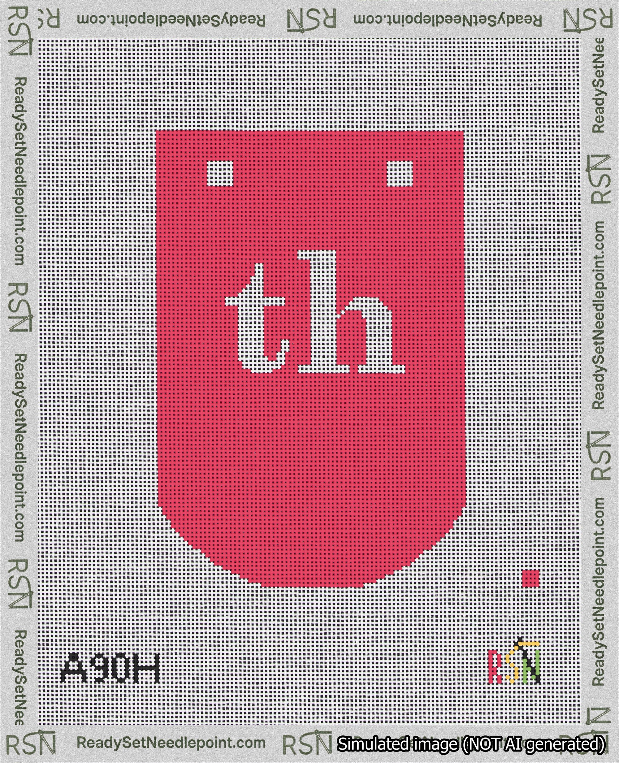 A taped needlepoint canvas with the design: Banner 18 mesh count Curved th White on Red.