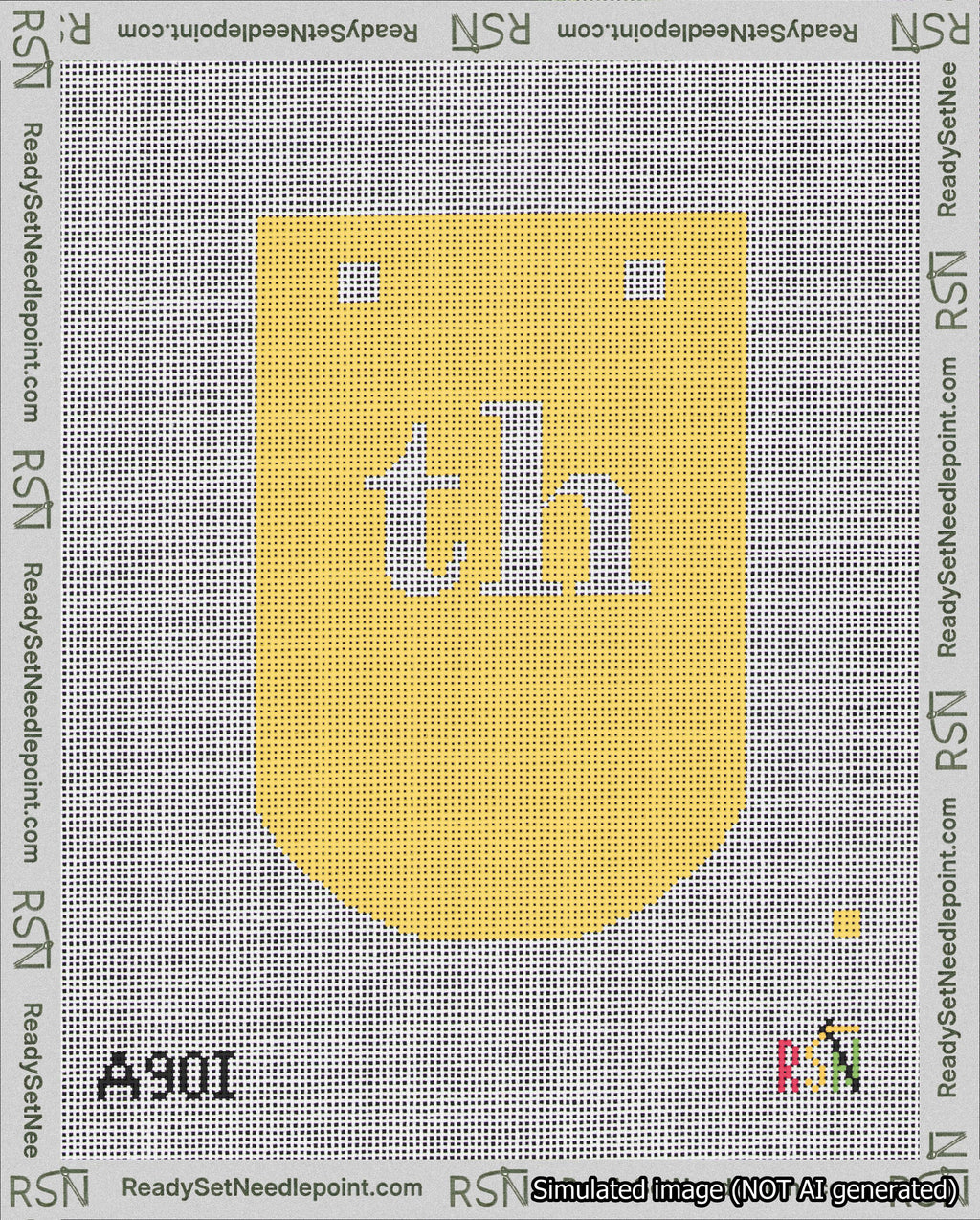 A taped needlepoint canvas with the design: Banner 18 mesh count Curved th White on Yellow.
