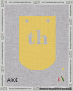 A taped needlepoint canvas with the design: Banner 18 mesh count Curved th White on Yellow.