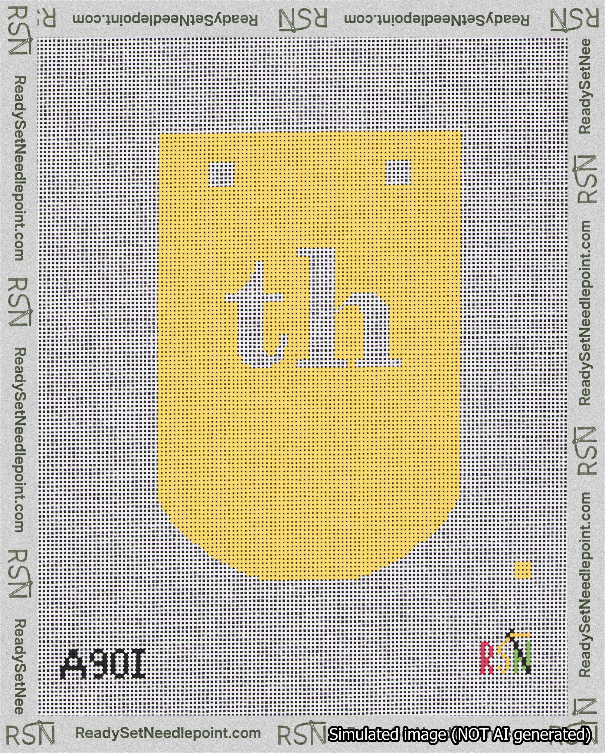 A taped needlepoint canvas with the design: Banner 18 mesh count Curved th White on Yellow.