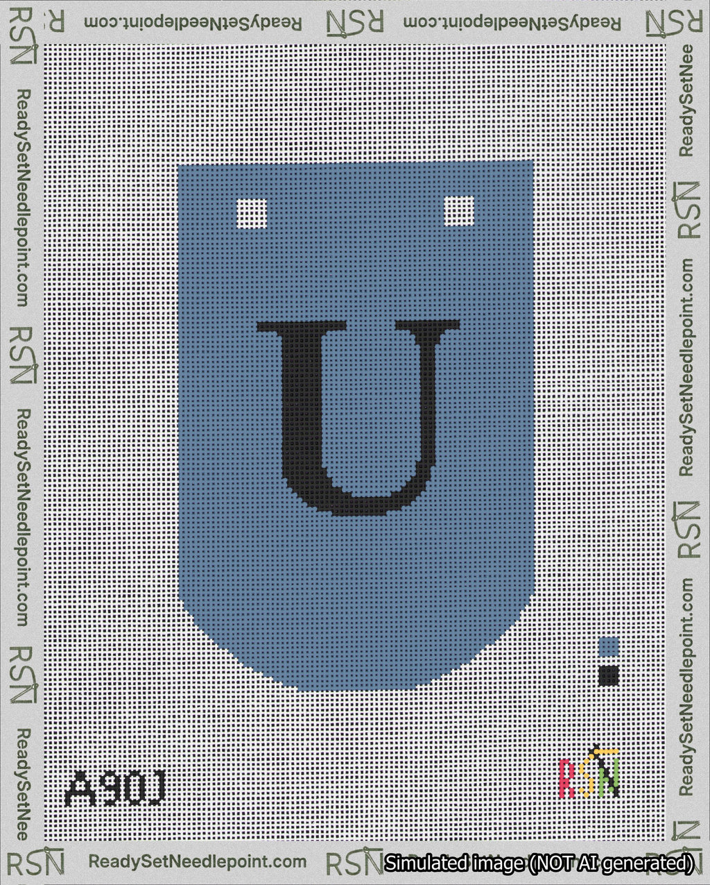 A taped needlepoint canvas with the design: Banner 18 mesh count Curved U Black on Blue.