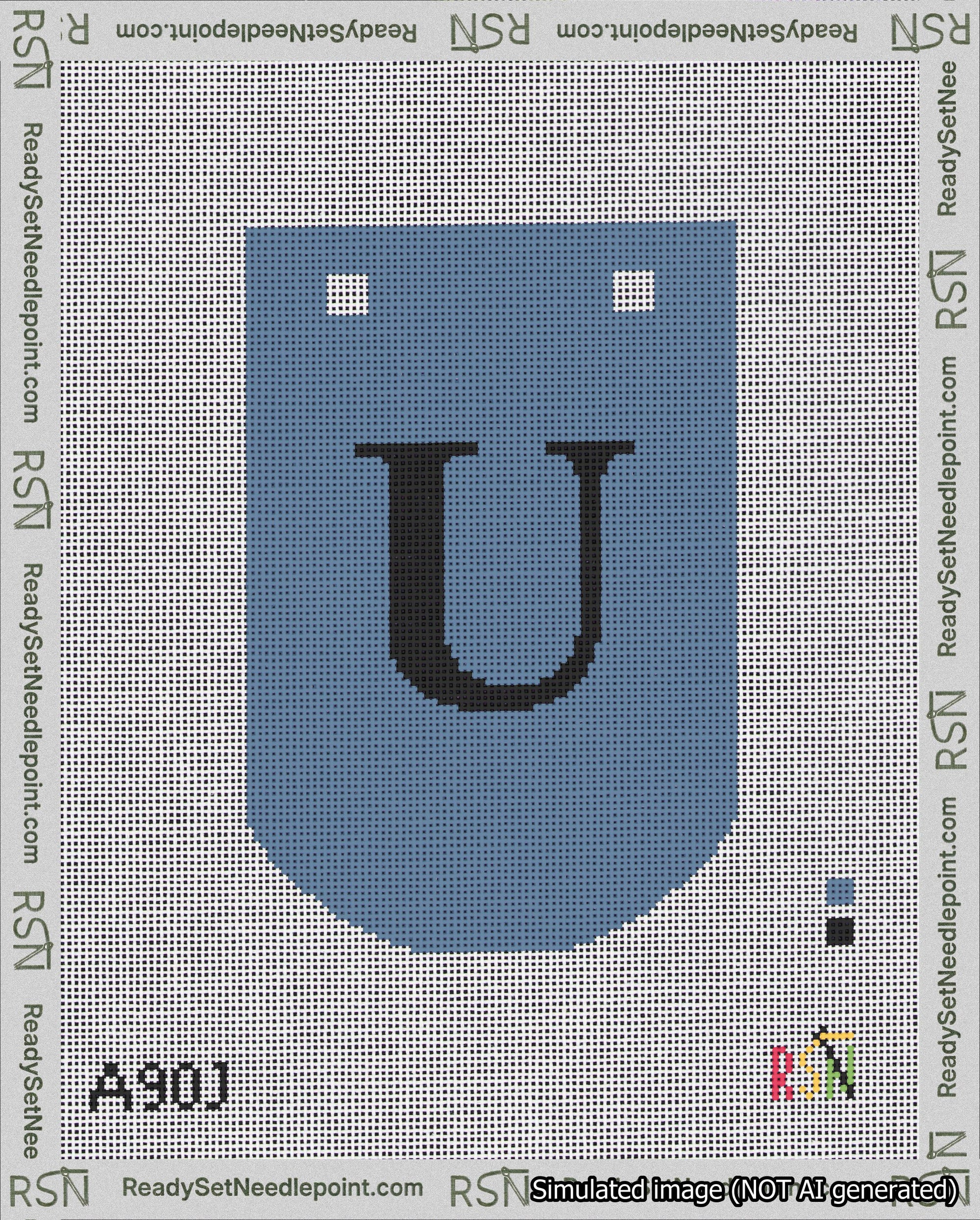 A taped needlepoint canvas with the design: Banner 18 mesh count Curved U Black on Blue.