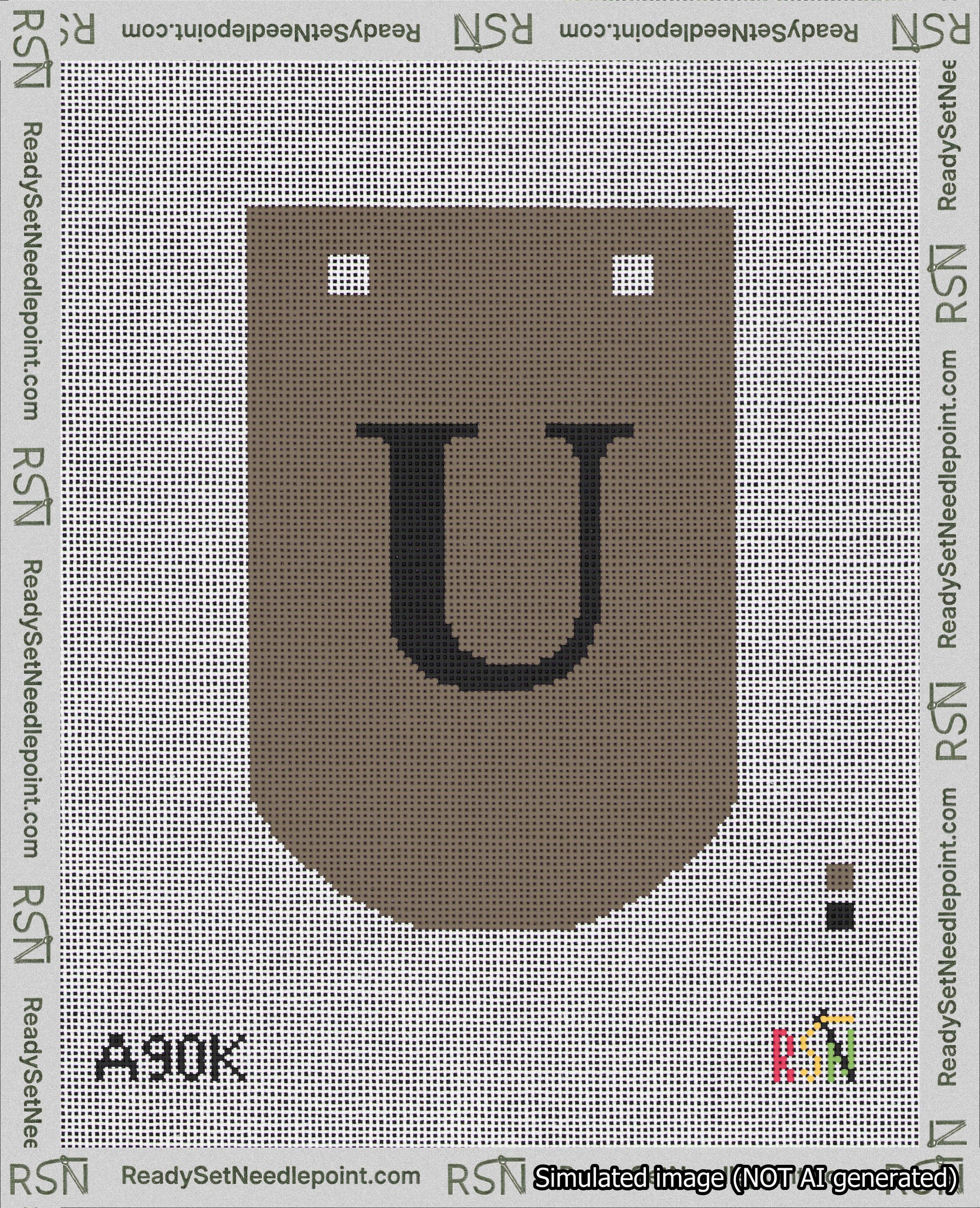 A taped needlepoint canvas with the design: Banner 18 mesh count Curved U Black on Brown.