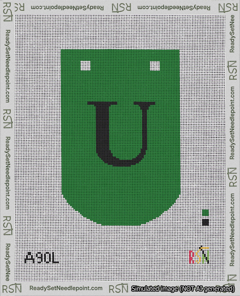 A taped needlepoint canvas with the design: Banner 18 mesh count Curved U Black on Green.