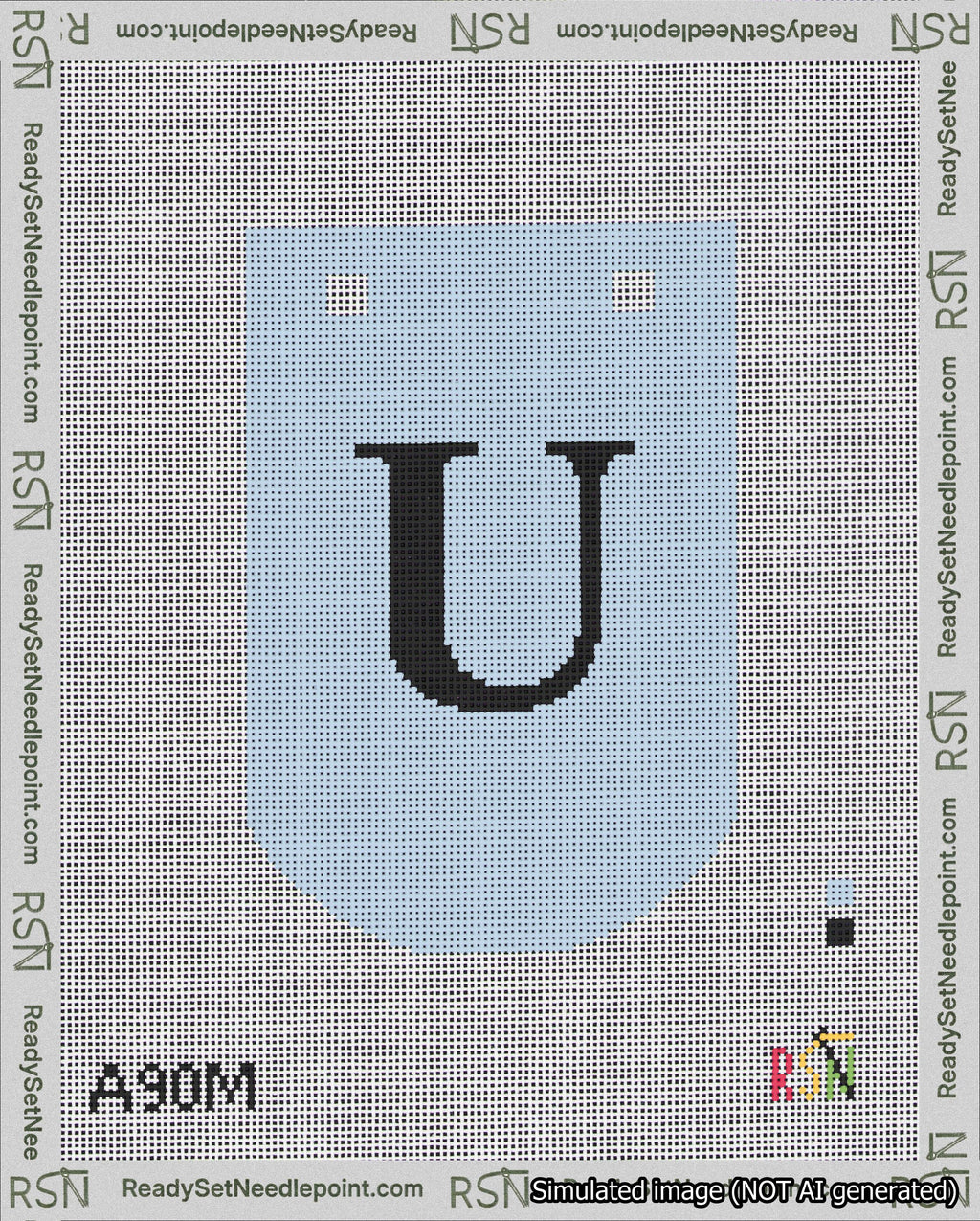 A taped needlepoint canvas with the design: Banner 18 mesh count Curved U Black on Light Blue.