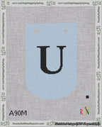 A taped needlepoint canvas with the design: Banner 18 mesh count Curved U Black on Light Blue.