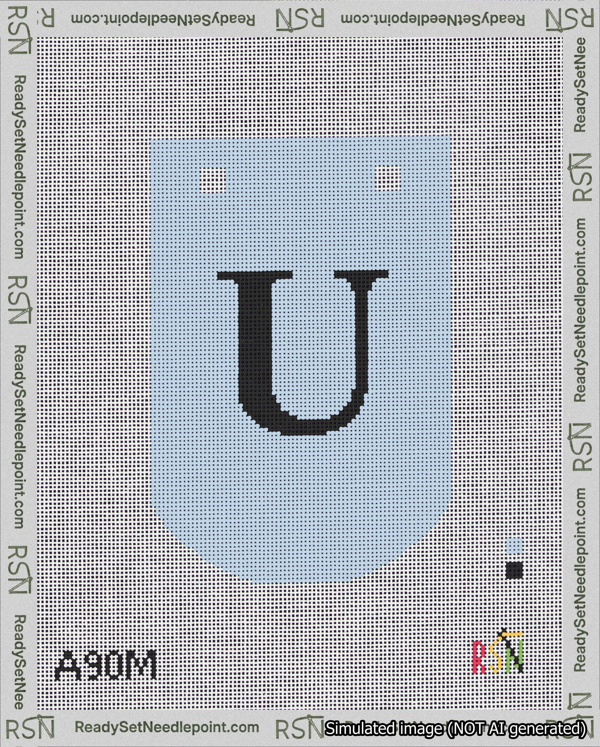 A taped needlepoint canvas with the design: Banner 18 mesh count Curved U Black on Light Blue.