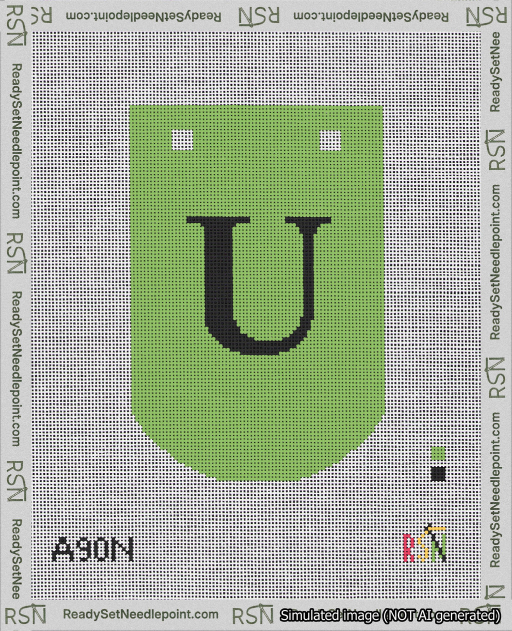 A taped needlepoint canvas with the design: Banner 18 mesh count Curved U Black on Light Green.