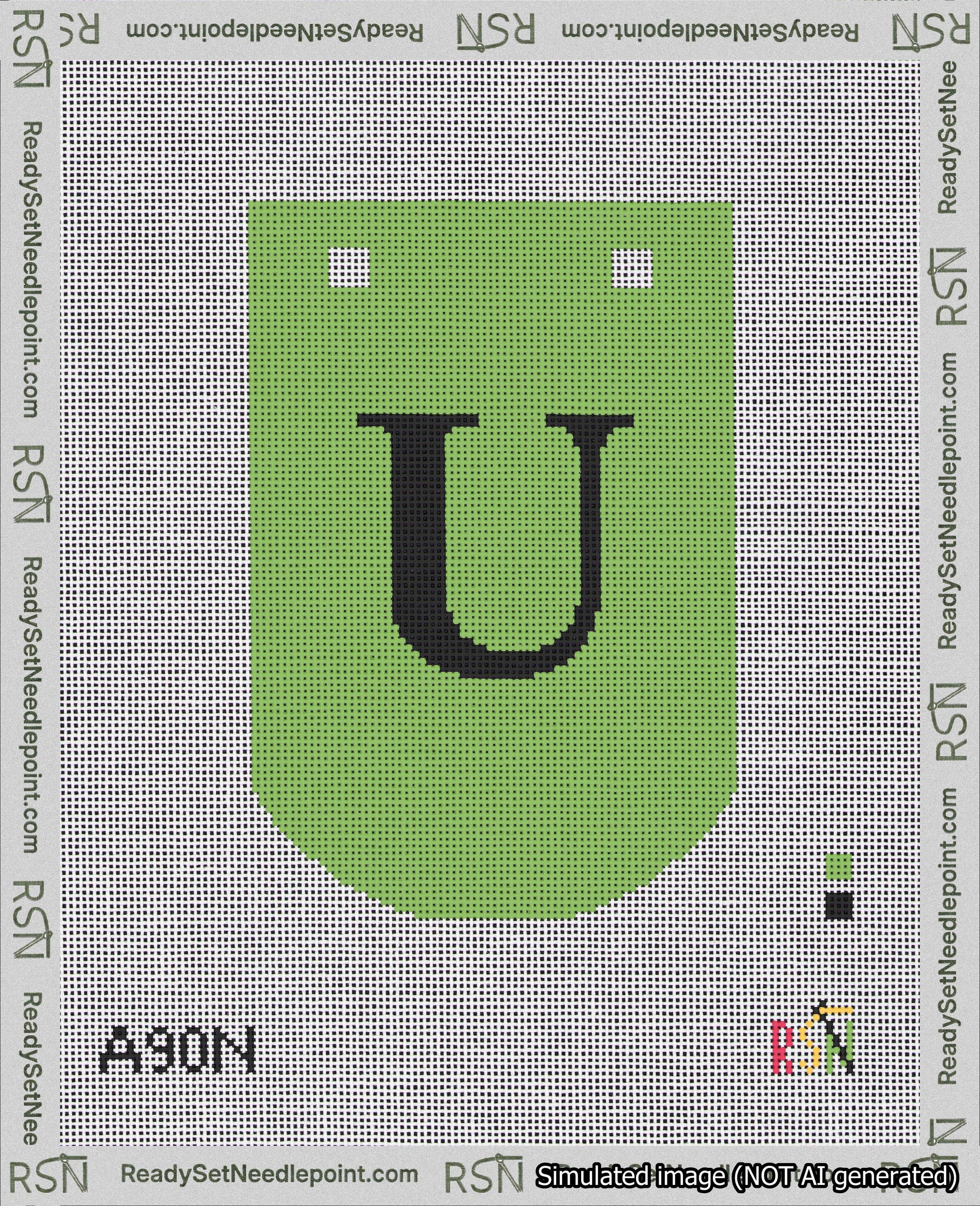 A taped needlepoint canvas with the design: Banner 18 mesh count Curved U Black on Light Green.