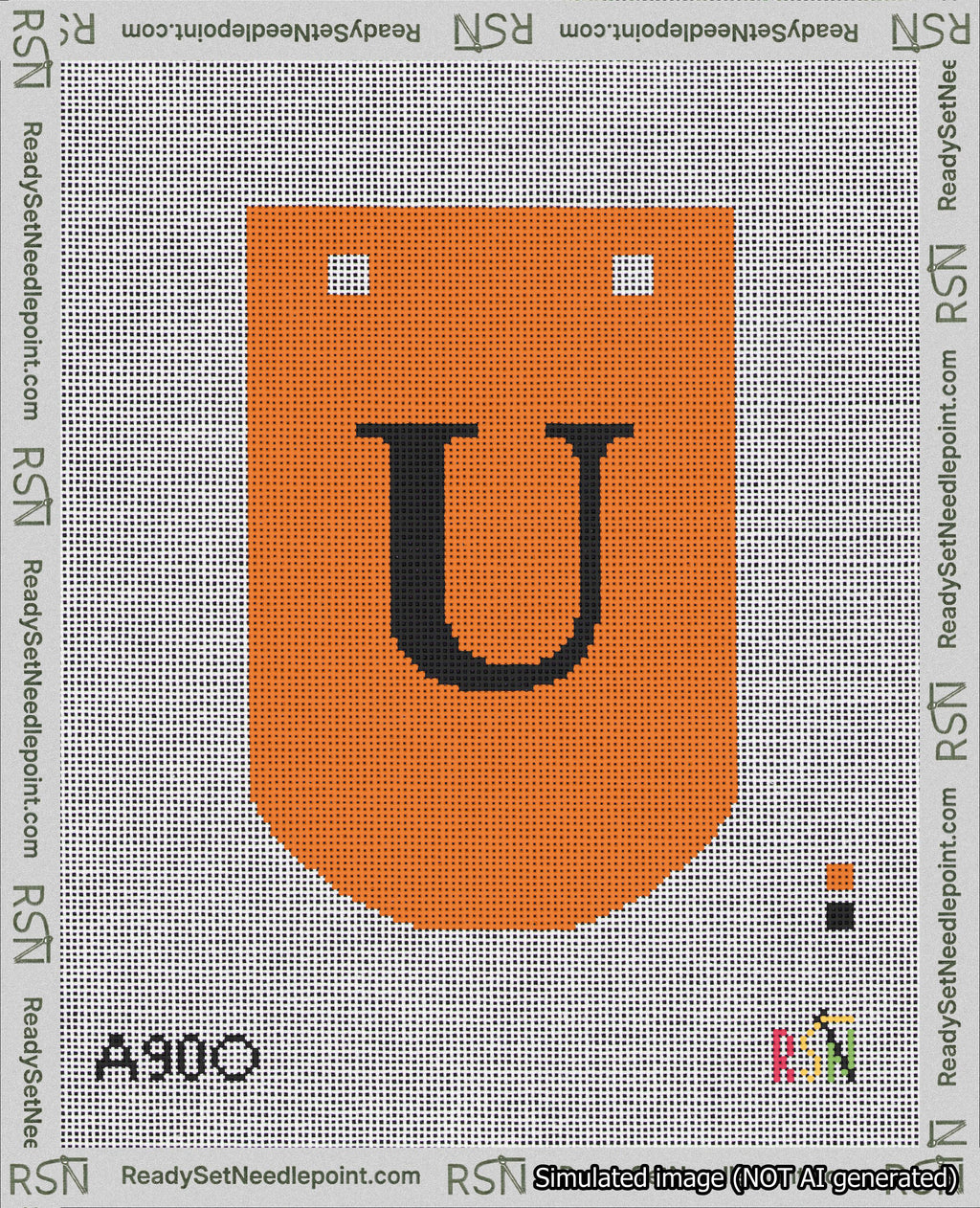 A taped needlepoint canvas with the design: Banner 18 mesh count Curved U Black on Orange.