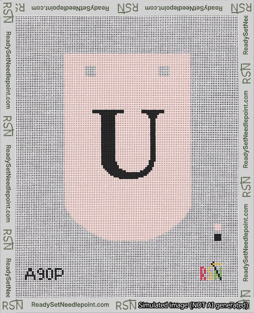 A taped needlepoint canvas with the design: Banner 18 mesh count Curved U Black on Pink.
