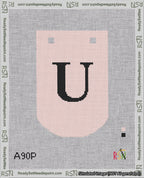 A taped needlepoint canvas with the design: Banner 18 mesh count Curved U Black on Pink.