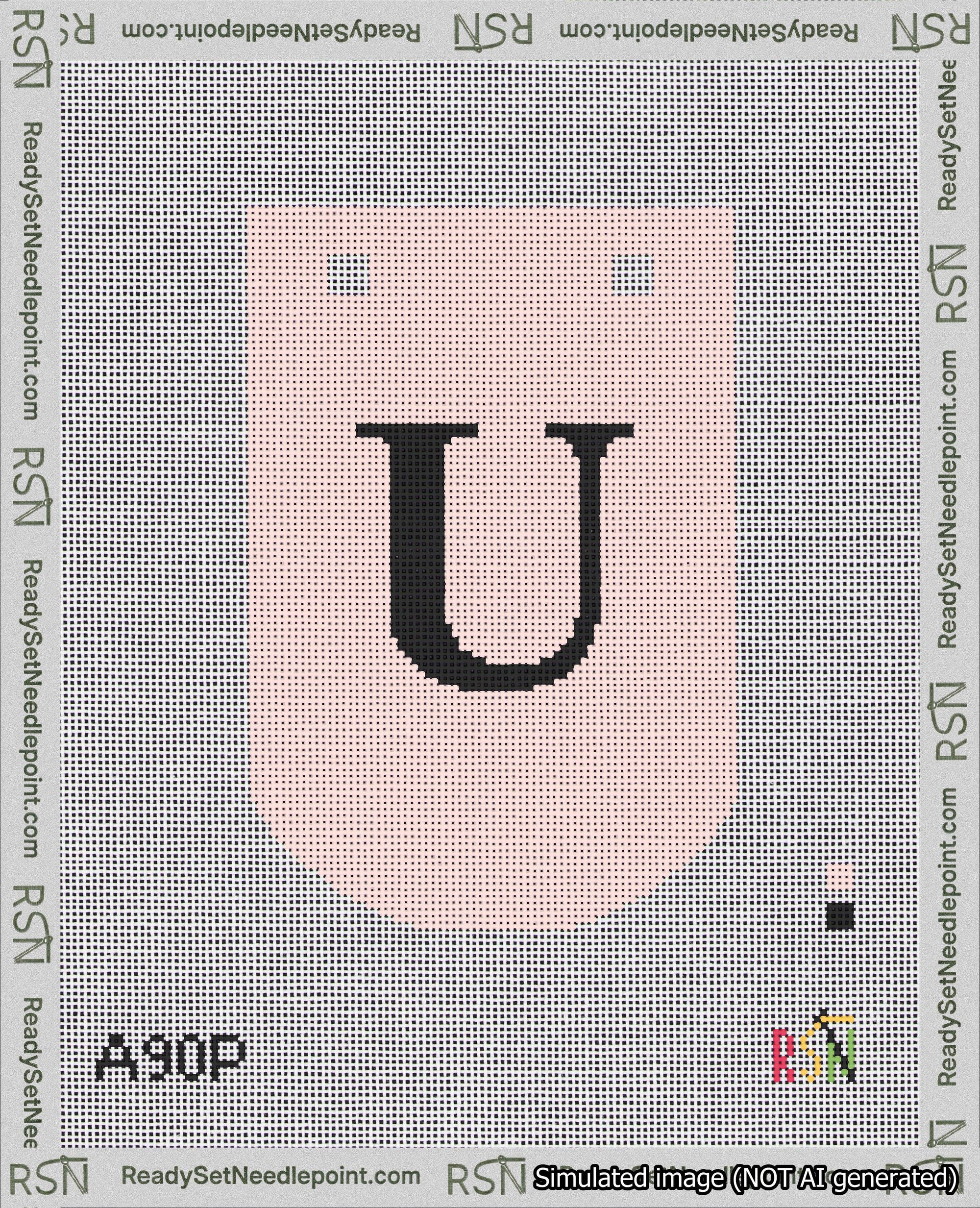 A taped needlepoint canvas with the design: Banner 18 mesh count Curved U Black on Pink.