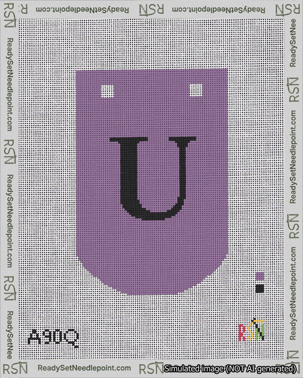 A taped needlepoint canvas with the design: Banner 18 mesh count Curved U Black on Purple.