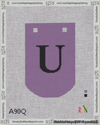 A taped needlepoint canvas with the design: Banner 18 mesh count Curved U Black on Purple.