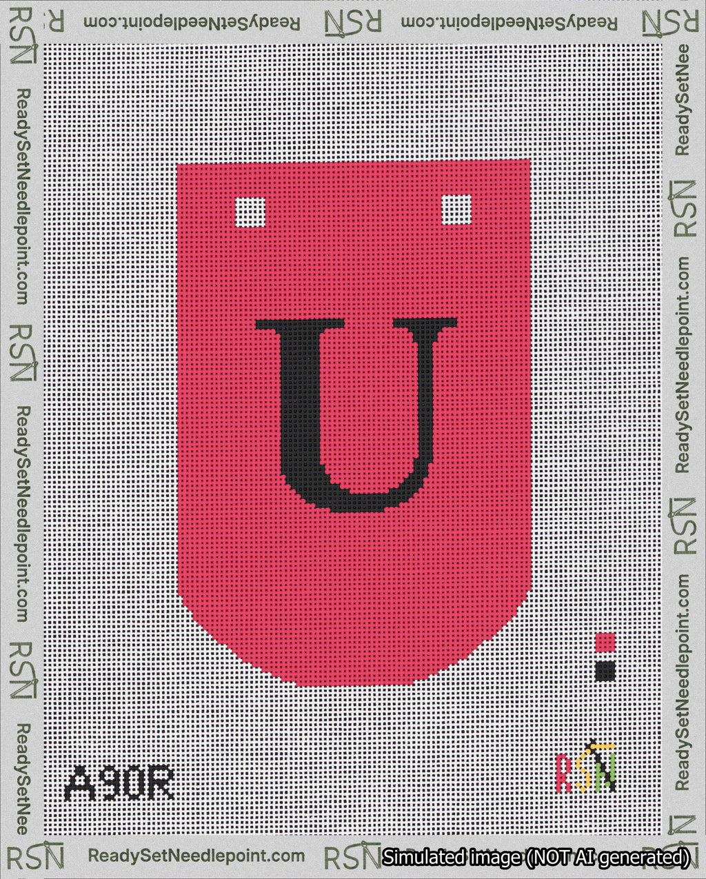 A taped needlepoint canvas with the design: Banner 18 mesh count Curved U Black on Red.