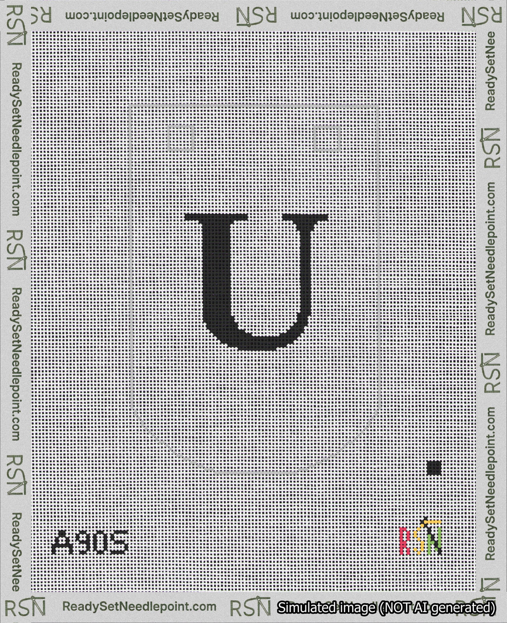 A taped needlepoint canvas with the design: Banner 18 mesh count Curved U Black on White.