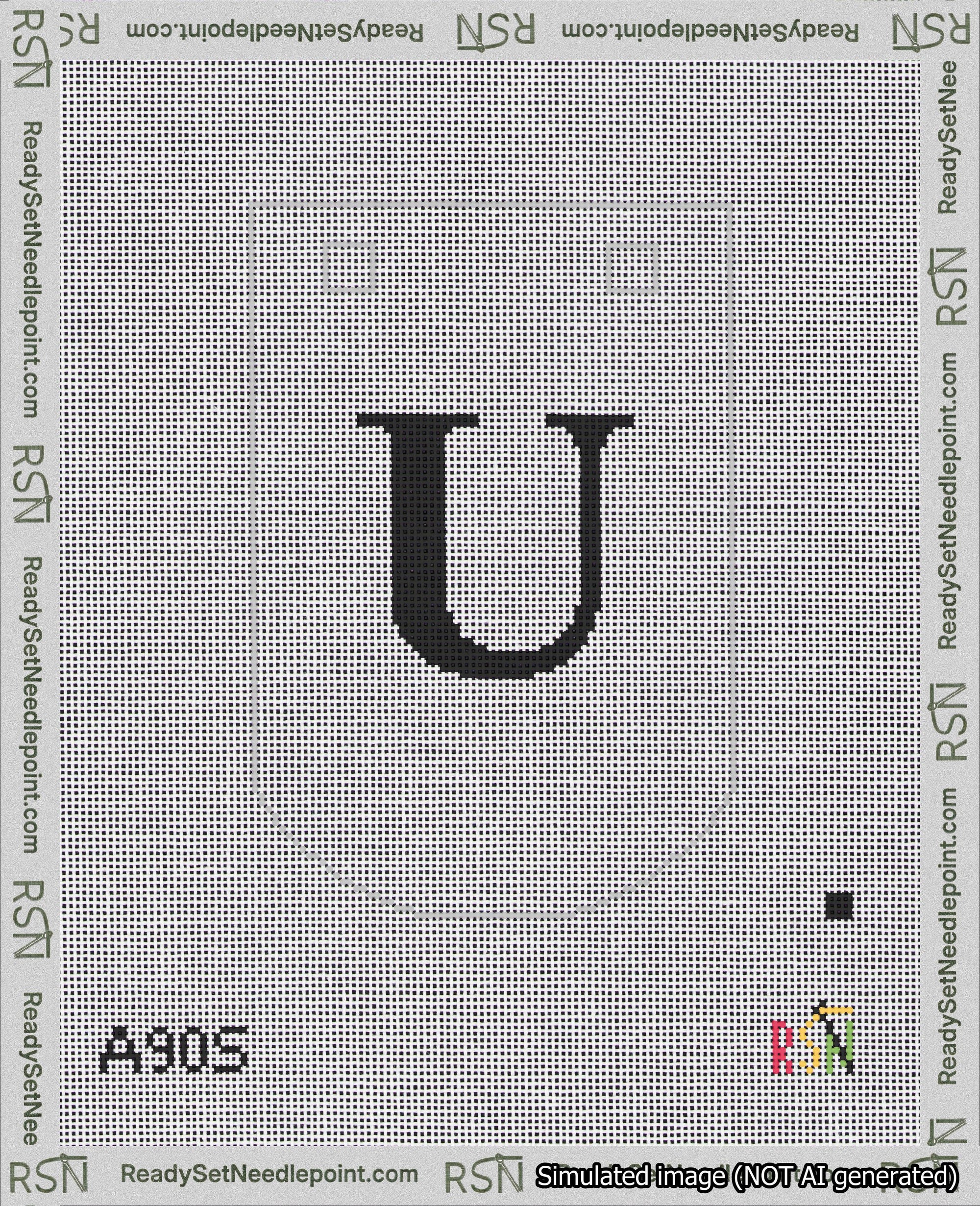A taped needlepoint canvas with the design: Banner 18 mesh count Curved U Black on White.