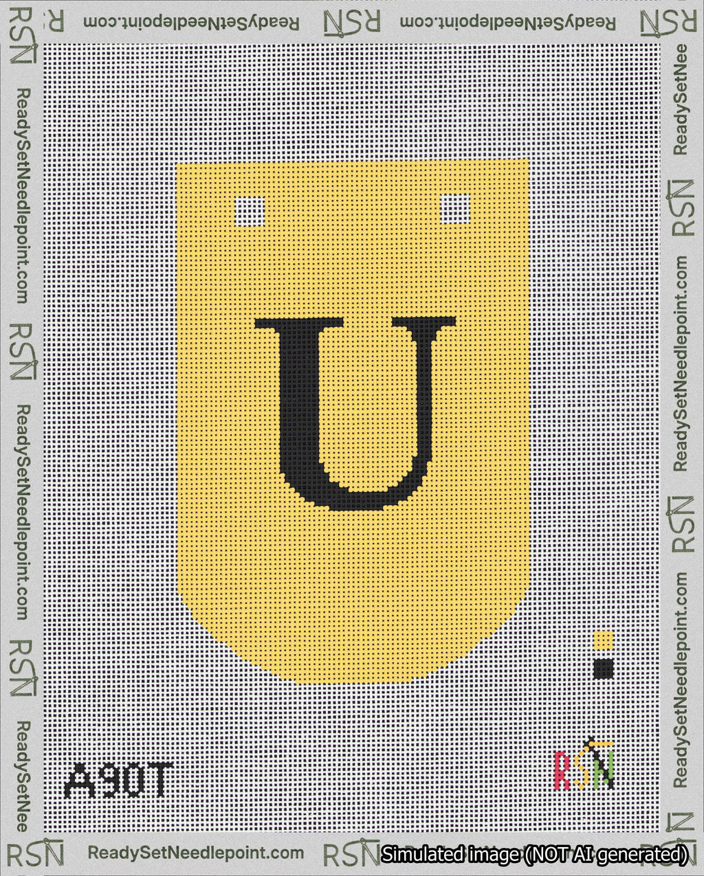 A taped needlepoint canvas with the design: Banner 18 mesh count Curved U Black on Yellow.