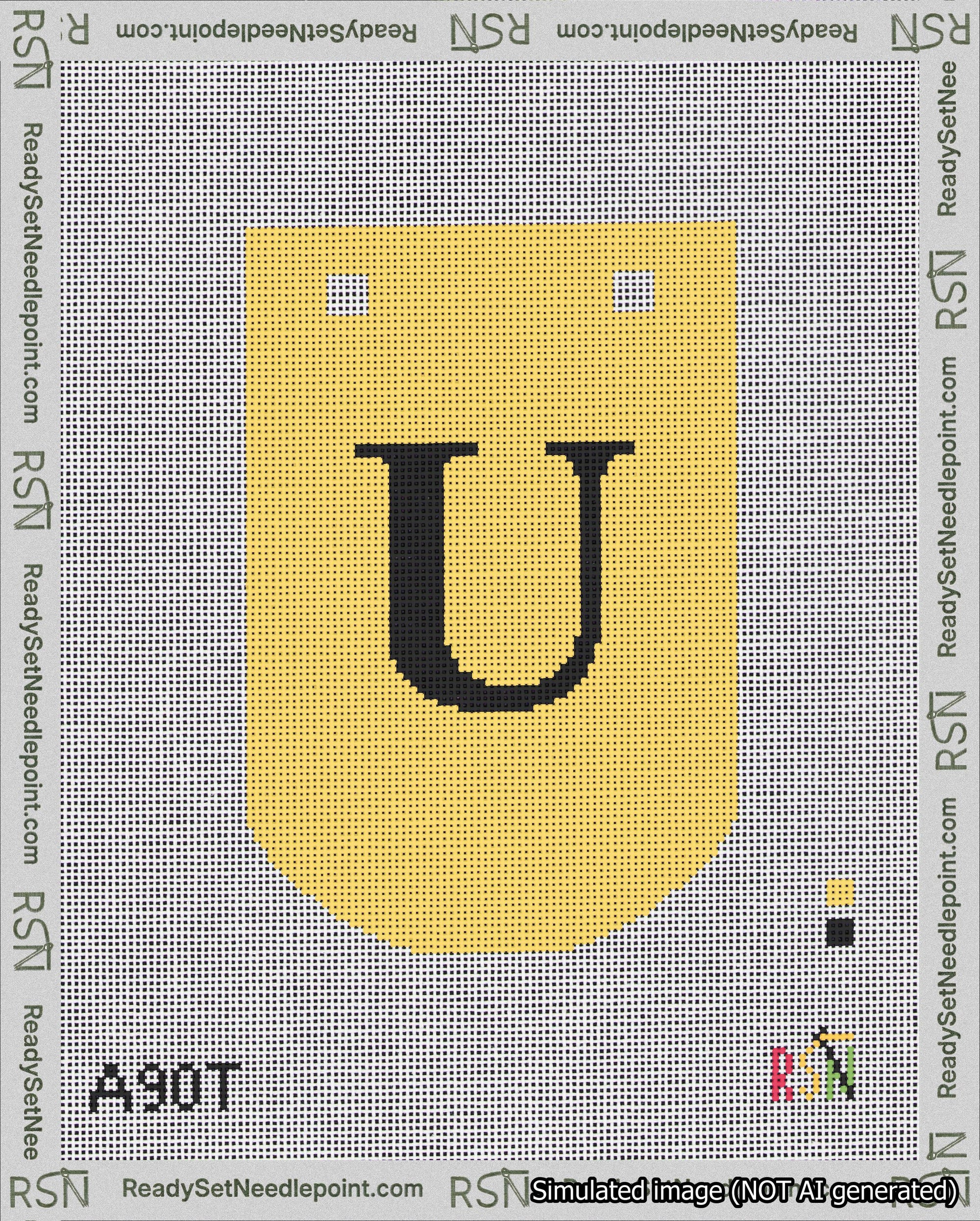 A taped needlepoint canvas with the design: Banner 18 mesh count Curved U Black on Yellow.