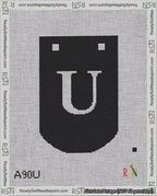 A taped needlepoint canvas with the design: Banner 18 mesh count Curved U White on Black.