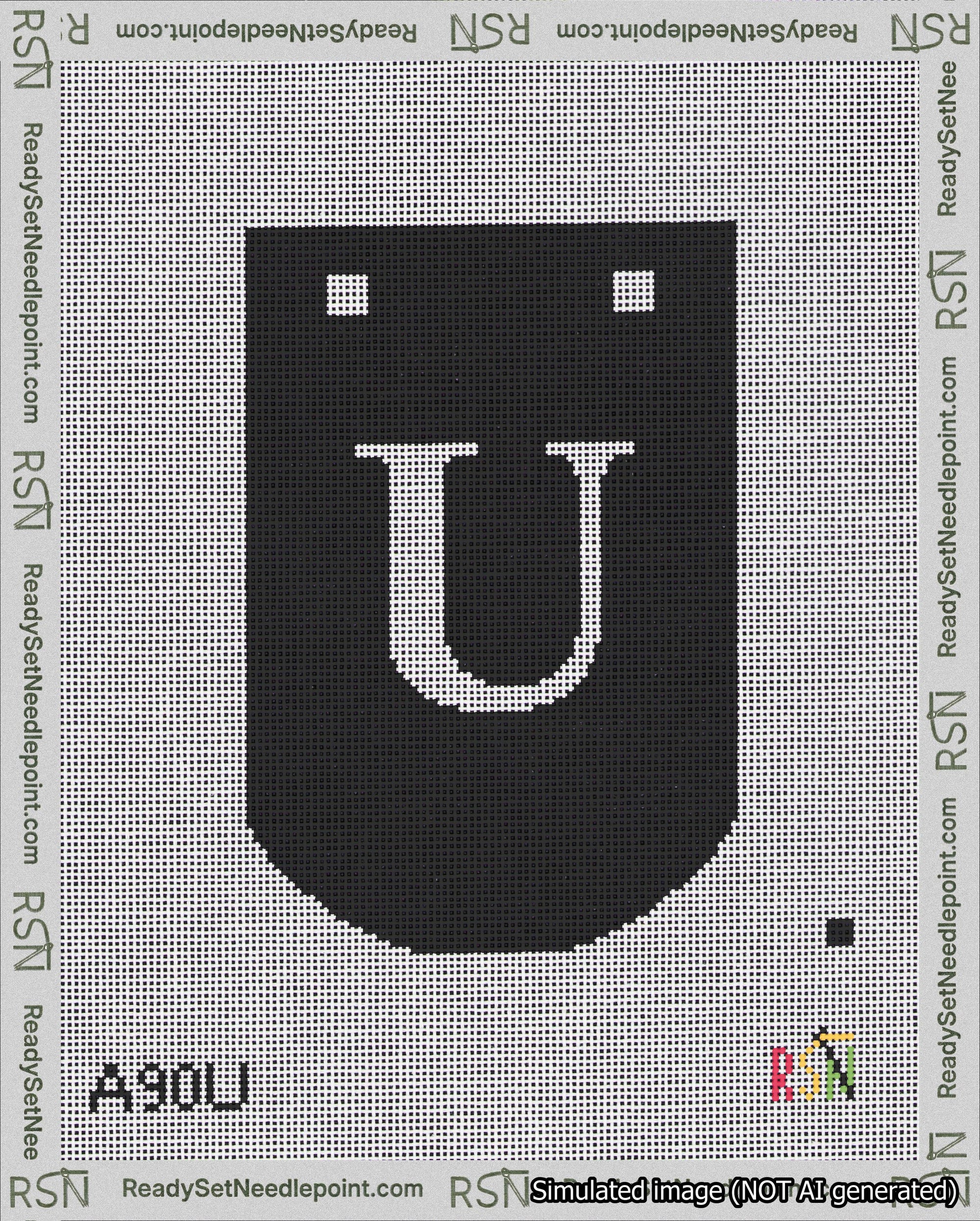 A taped needlepoint canvas with the design: Banner 18 mesh count Curved U White on Black.