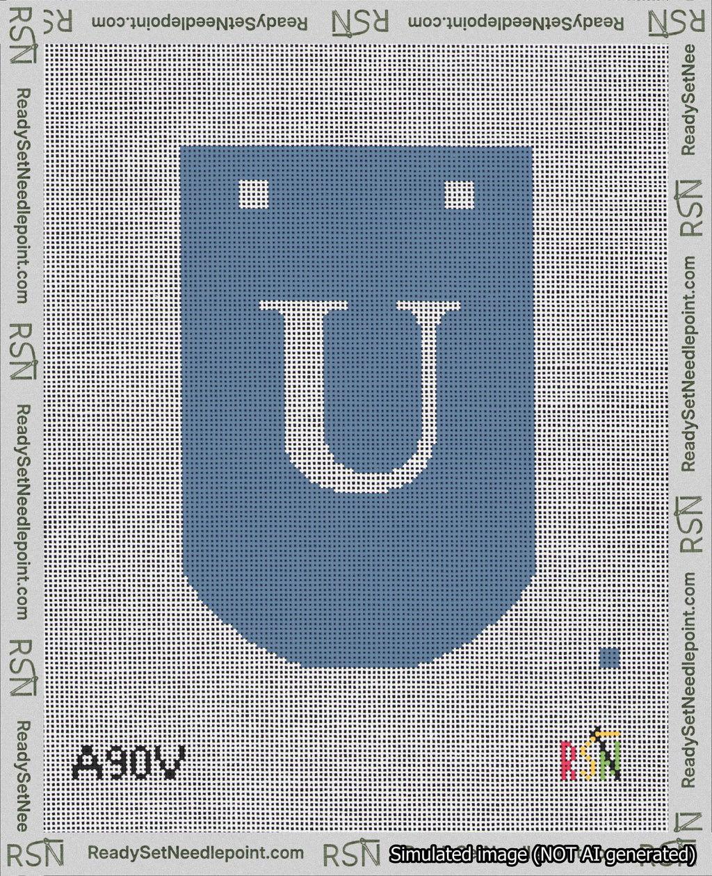A taped needlepoint canvas with the design: Banner 18 mesh count Curved U White on Blue.