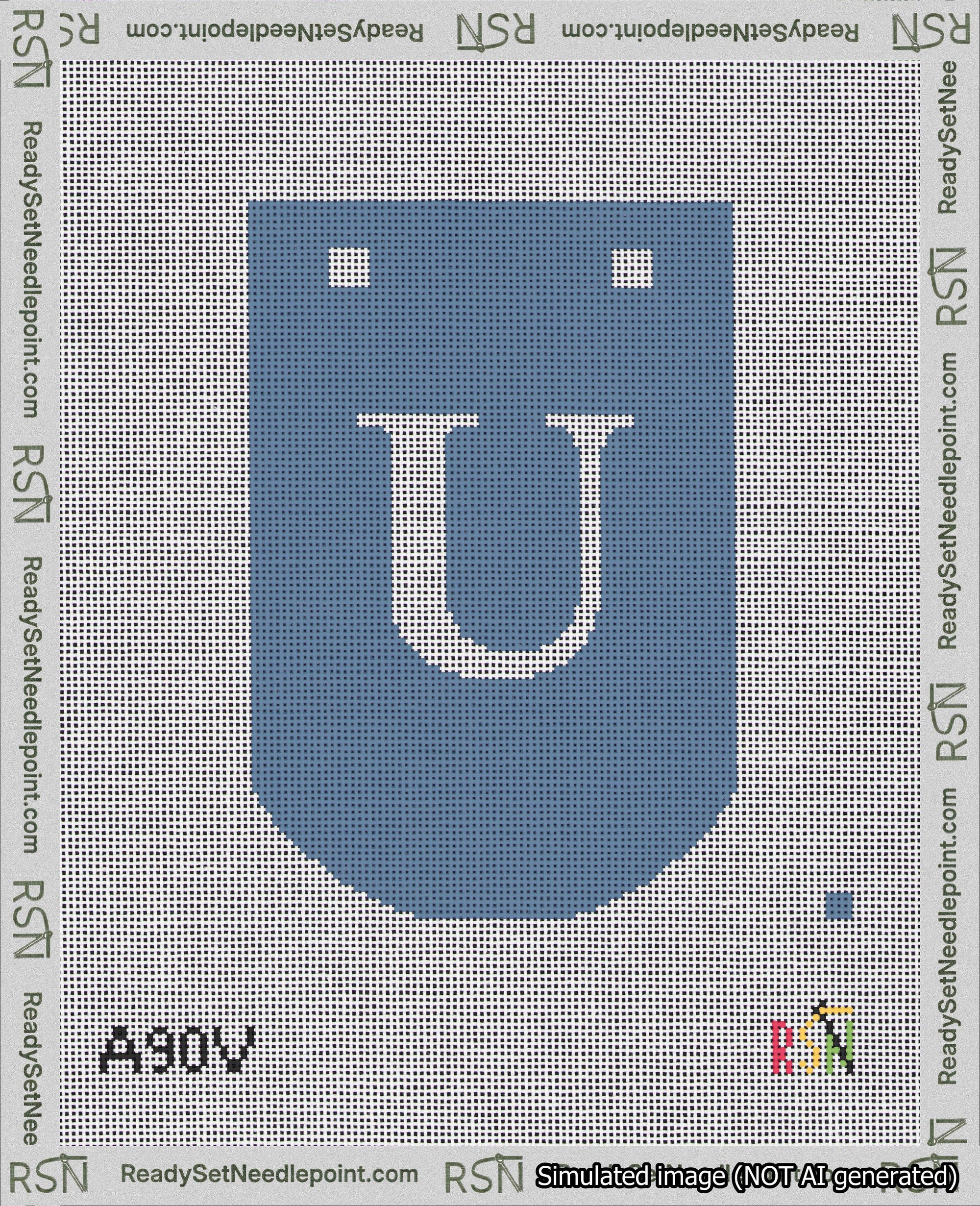 A taped needlepoint canvas with the design: Banner 18 mesh count Curved U White on Blue.