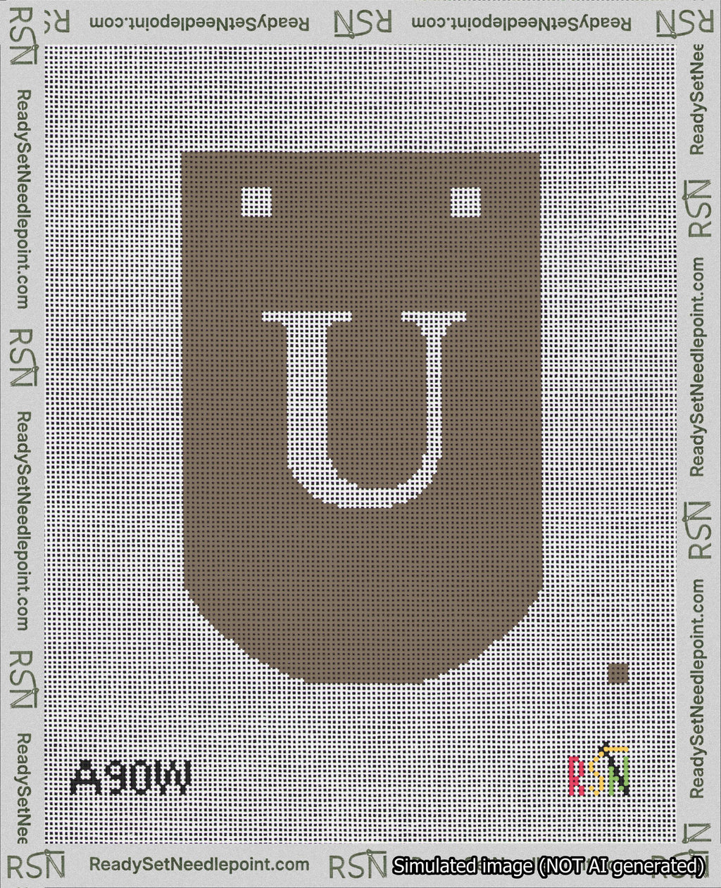 A taped needlepoint canvas with the design: Banner 18 mesh count Curved U White on Brown.