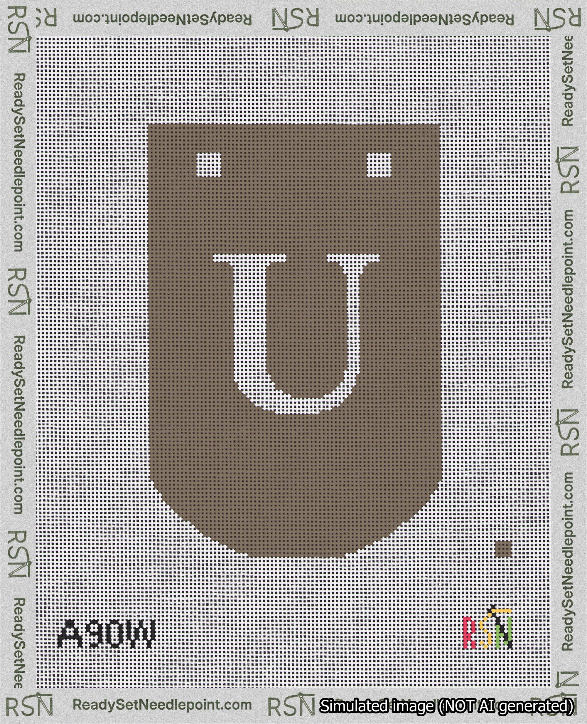 A taped needlepoint canvas with the design: Banner 18 mesh count Curved U White on Brown.