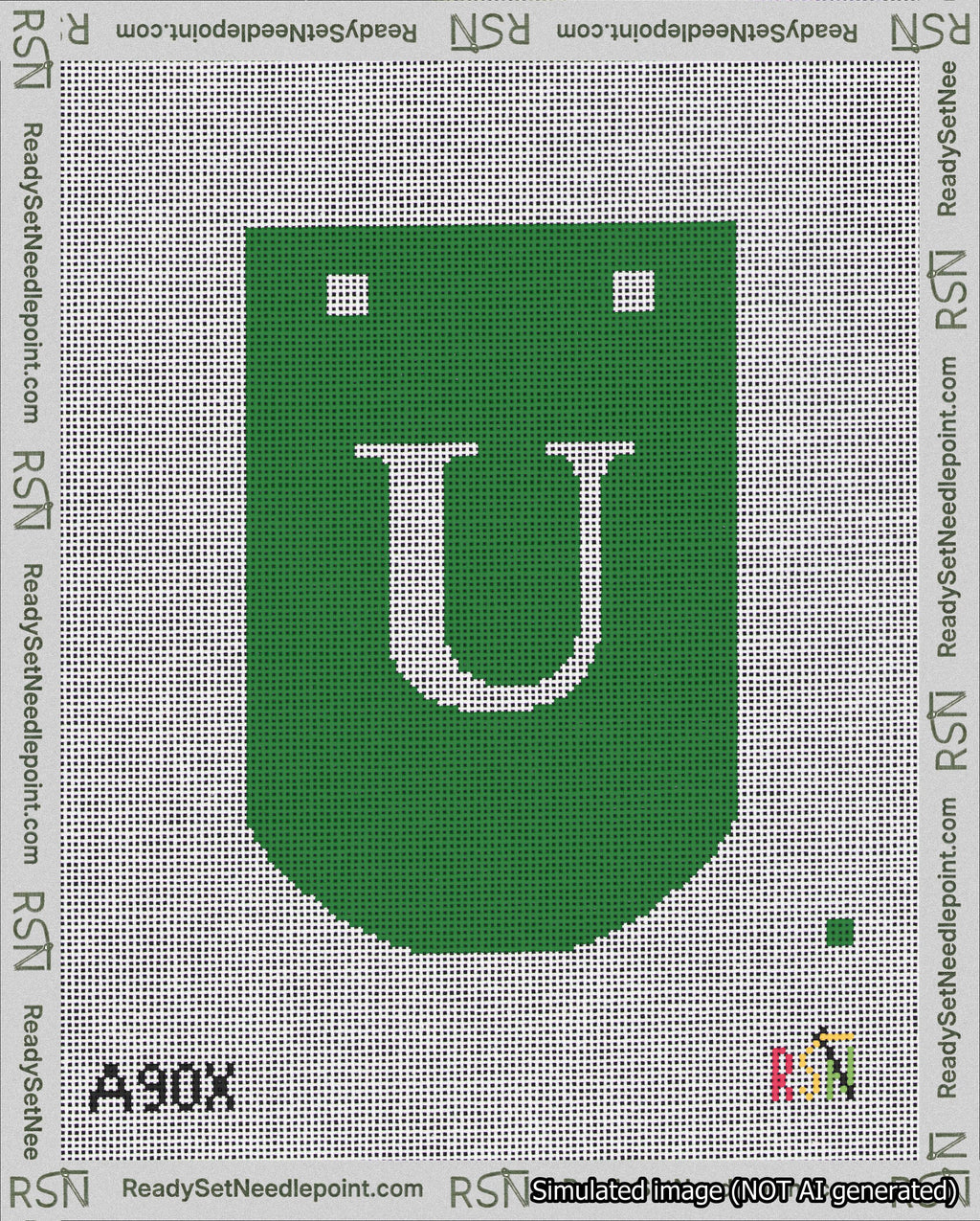 A taped needlepoint canvas with the design: Banner 18 mesh count Curved U White on Green.