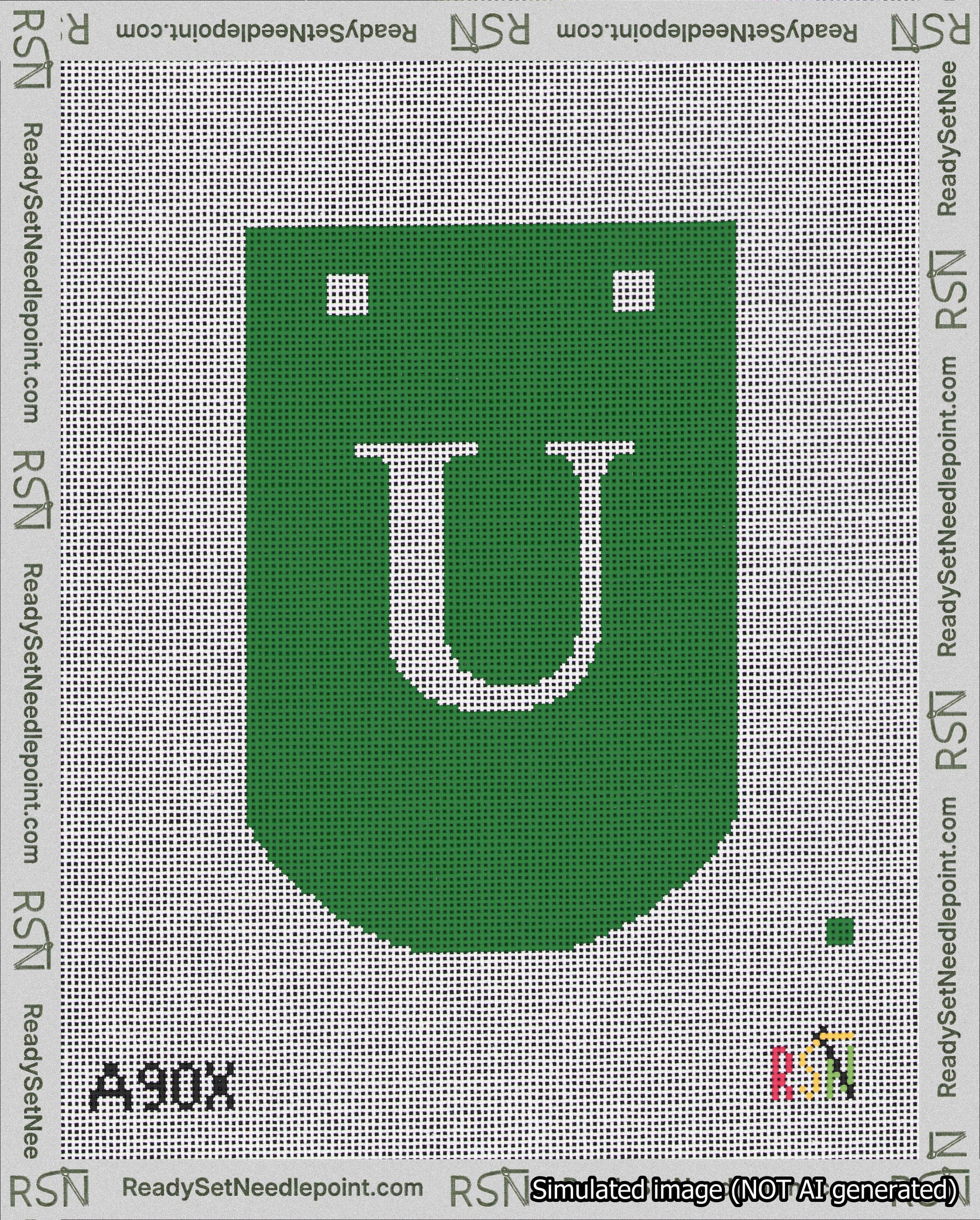 A taped needlepoint canvas with the design: Banner 18 mesh count Curved U White on Green.