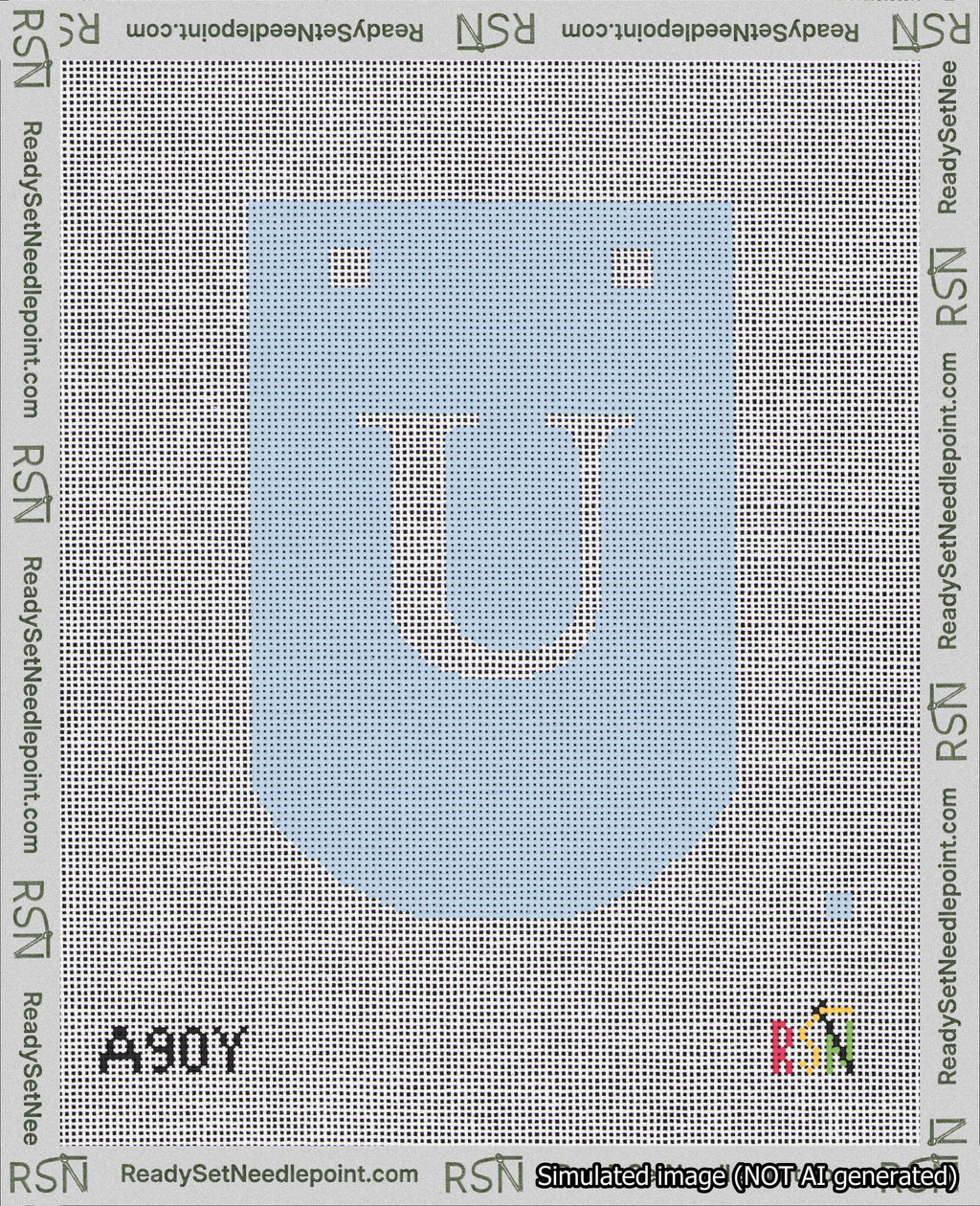 A taped needlepoint canvas with the design: Banner 18 mesh count Curved U White on Light Blue.