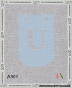 A taped needlepoint canvas with the design: Banner 18 mesh count Curved U White on Light Blue.