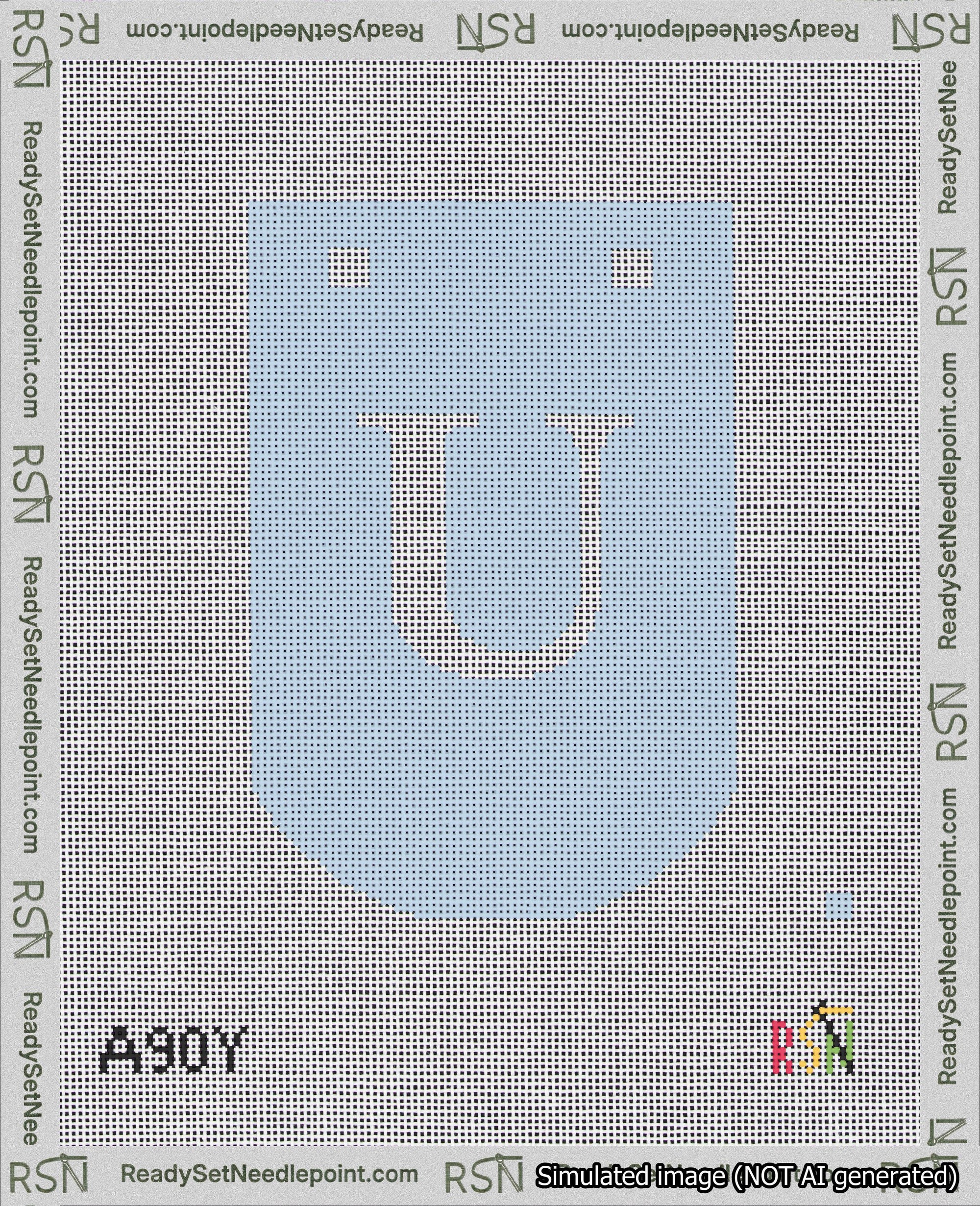 A taped needlepoint canvas with the design: Banner 18 mesh count Curved U White on Light Blue.