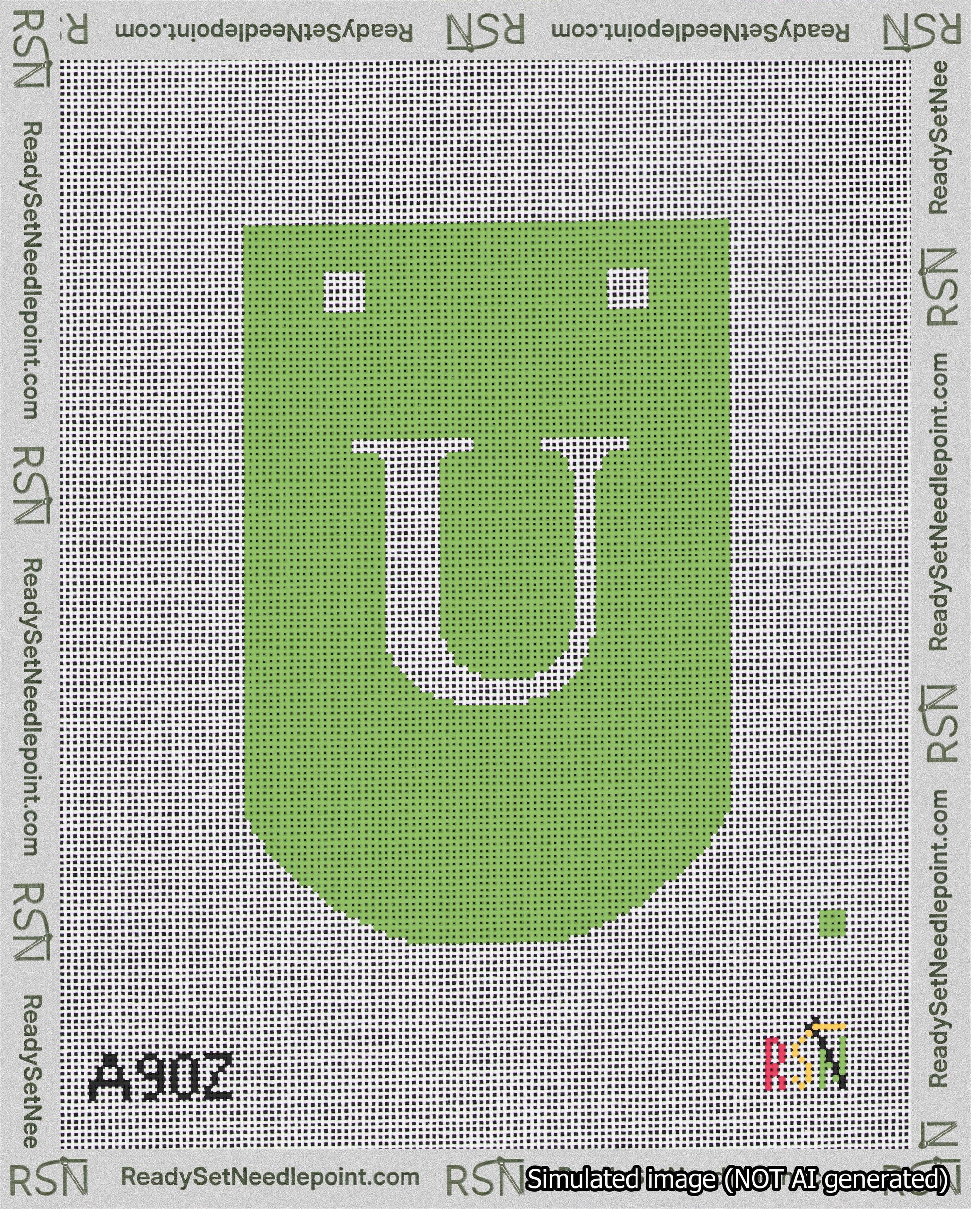 A taped needlepoint canvas with the design: Banner 18 mesh count Curved U White on Light Green.