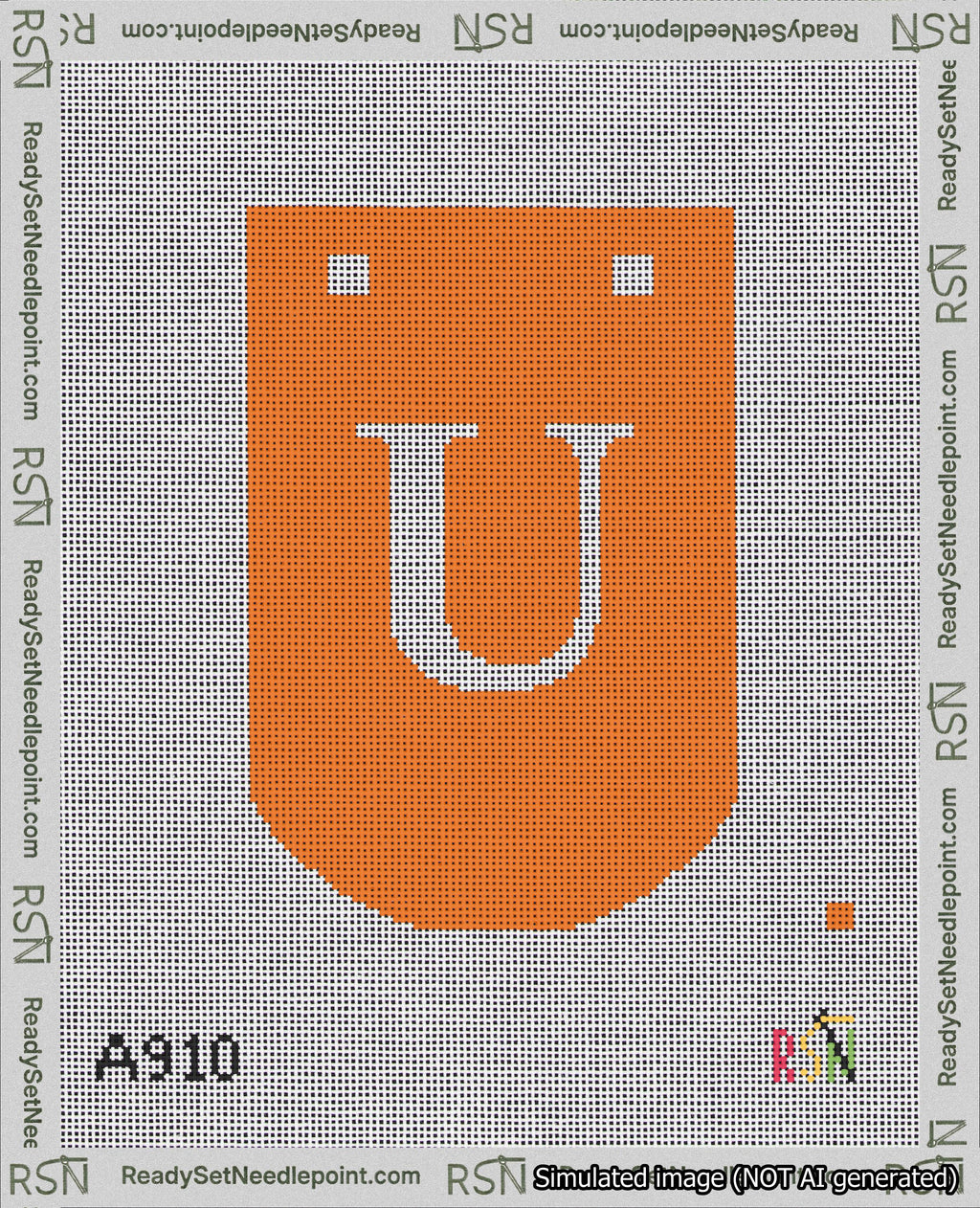 A taped needlepoint canvas with the design: Banner 18 mesh count Curved U White on Orange.