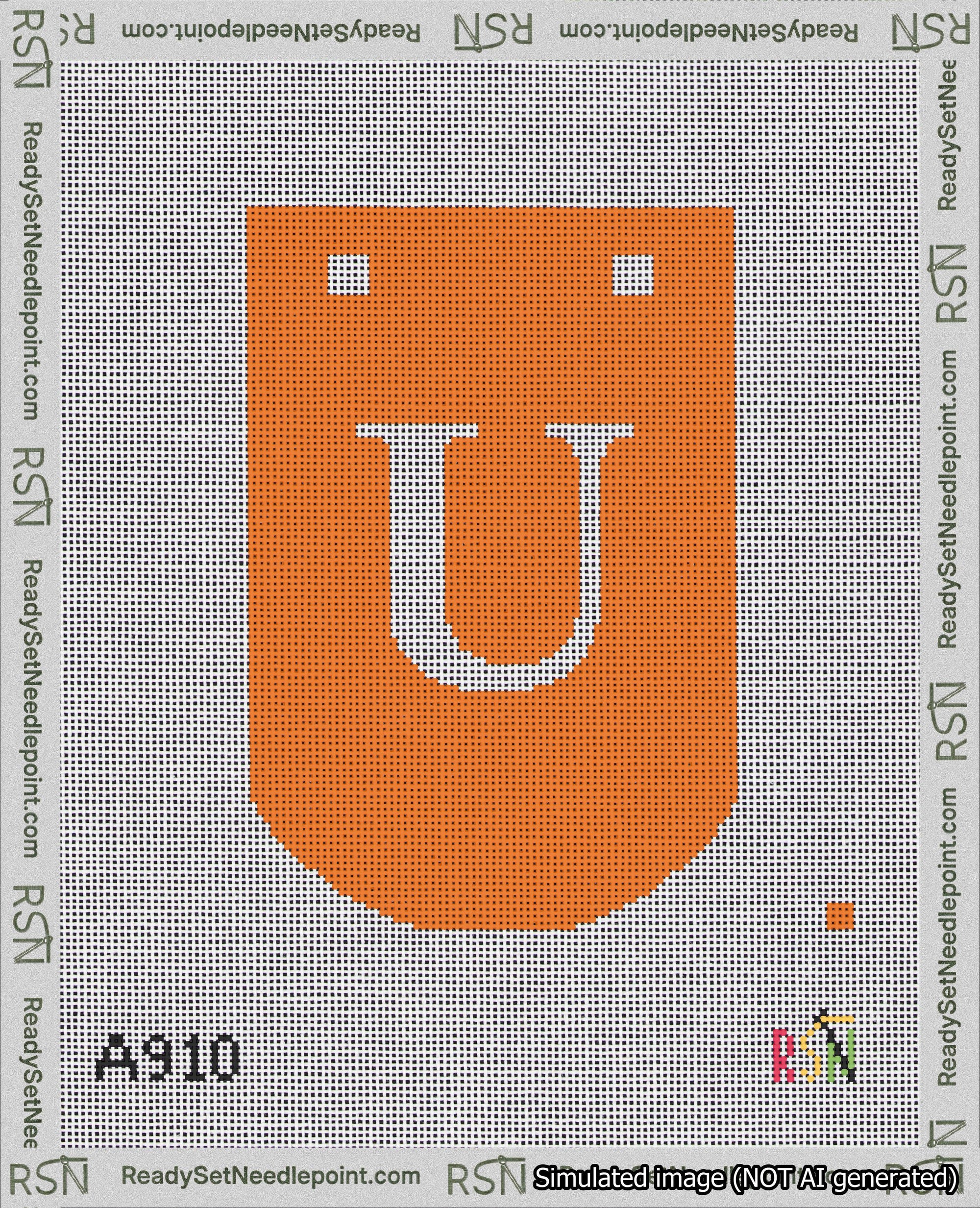 A taped needlepoint canvas with the design: Banner 18 mesh count Curved U White on Orange.