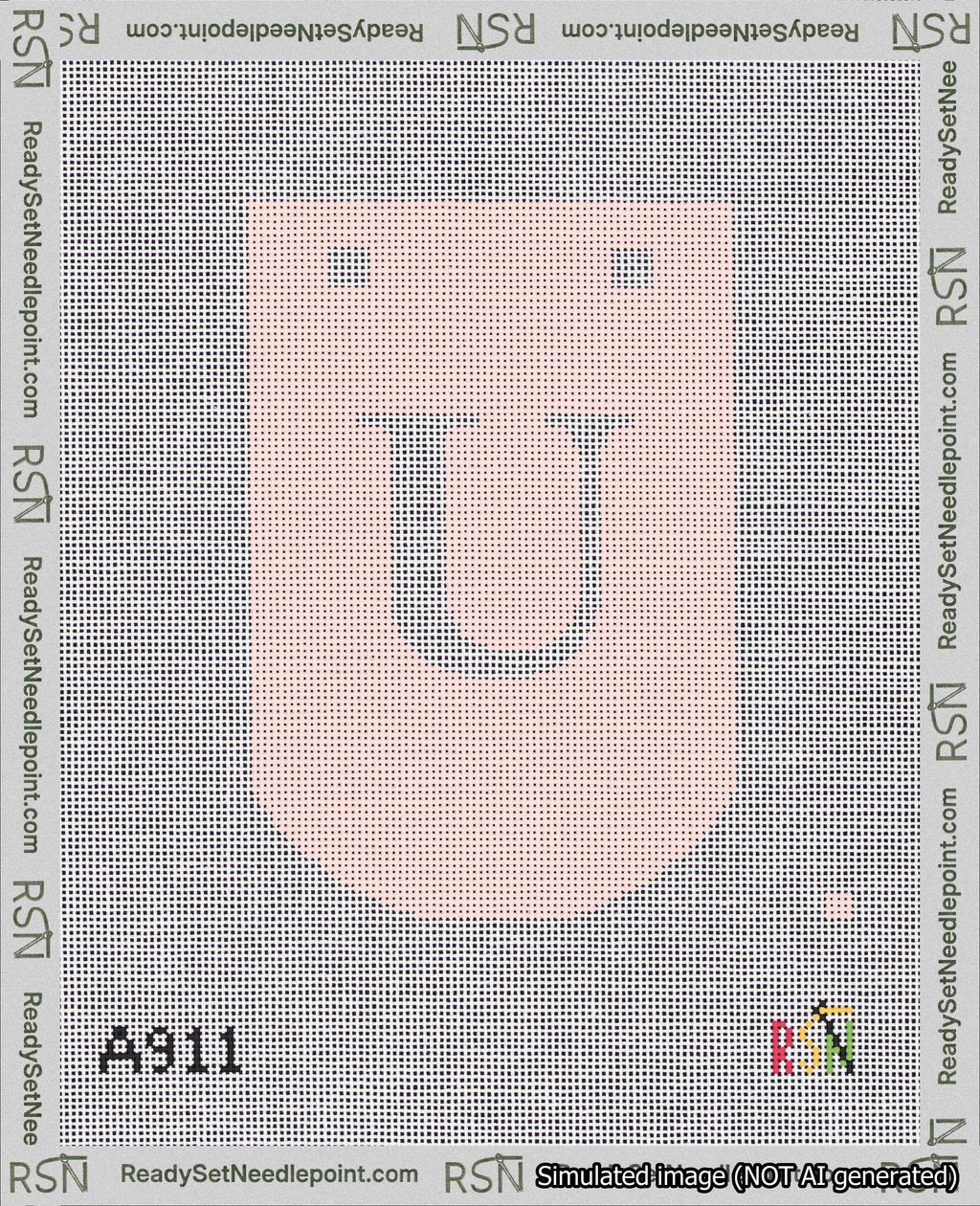 A taped needlepoint canvas with the design: Banner 18 mesh count Curved U White on Pink.