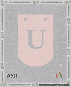 A taped needlepoint canvas with the design: Banner 18 mesh count Curved U White on Pink.