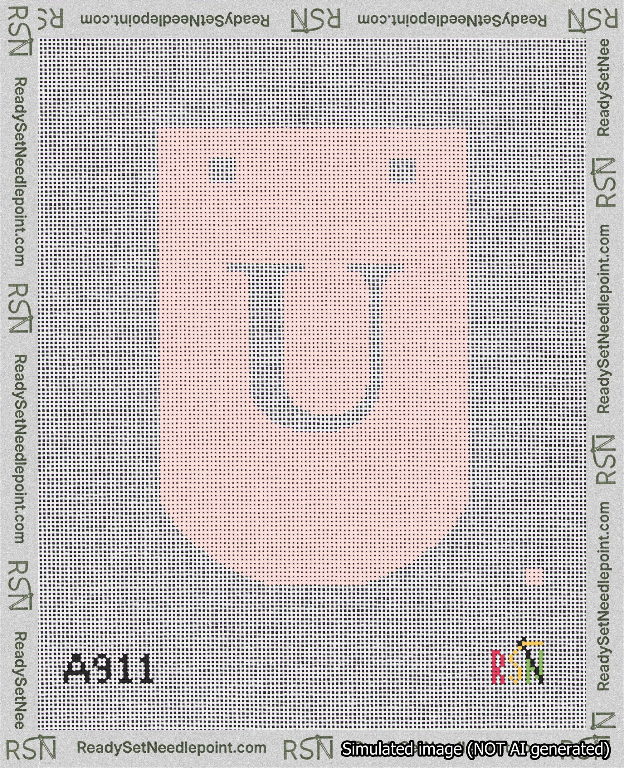 A taped needlepoint canvas with the design: Banner 18 mesh count Curved U White on Pink.
