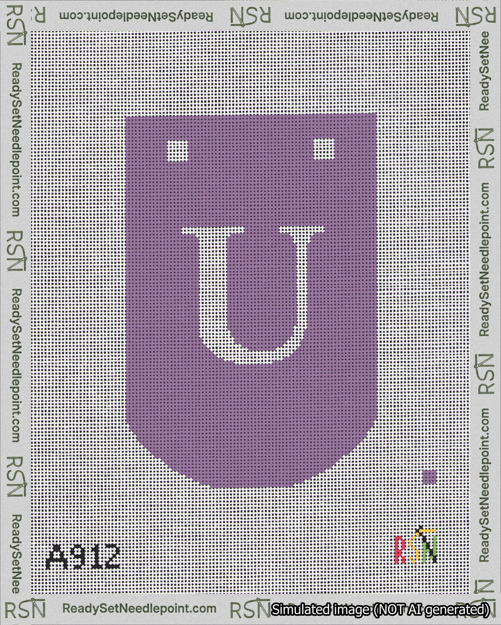 A taped needlepoint canvas with the design: Banner 18 mesh count Curved U White on Purple.