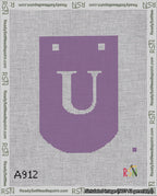 A taped needlepoint canvas with the design: Banner 18 mesh count Curved U White on Purple.