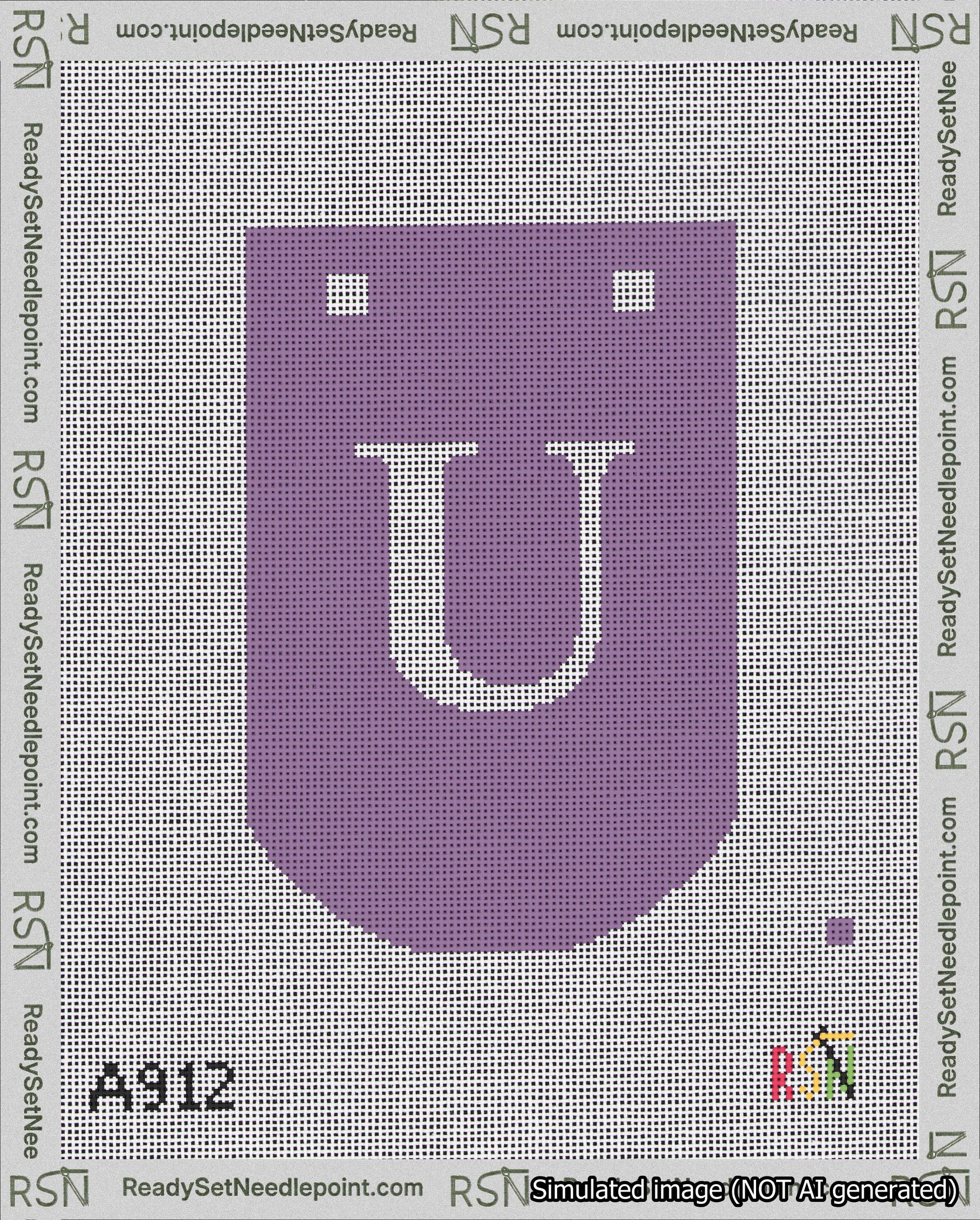 A taped needlepoint canvas with the design: Banner 18 mesh count Curved U White on Purple.